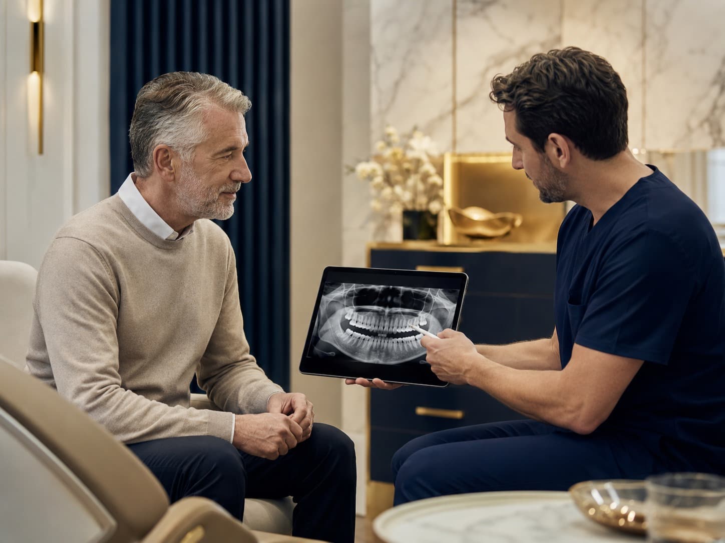 Dental specialist reviewing a patient's treatment needs